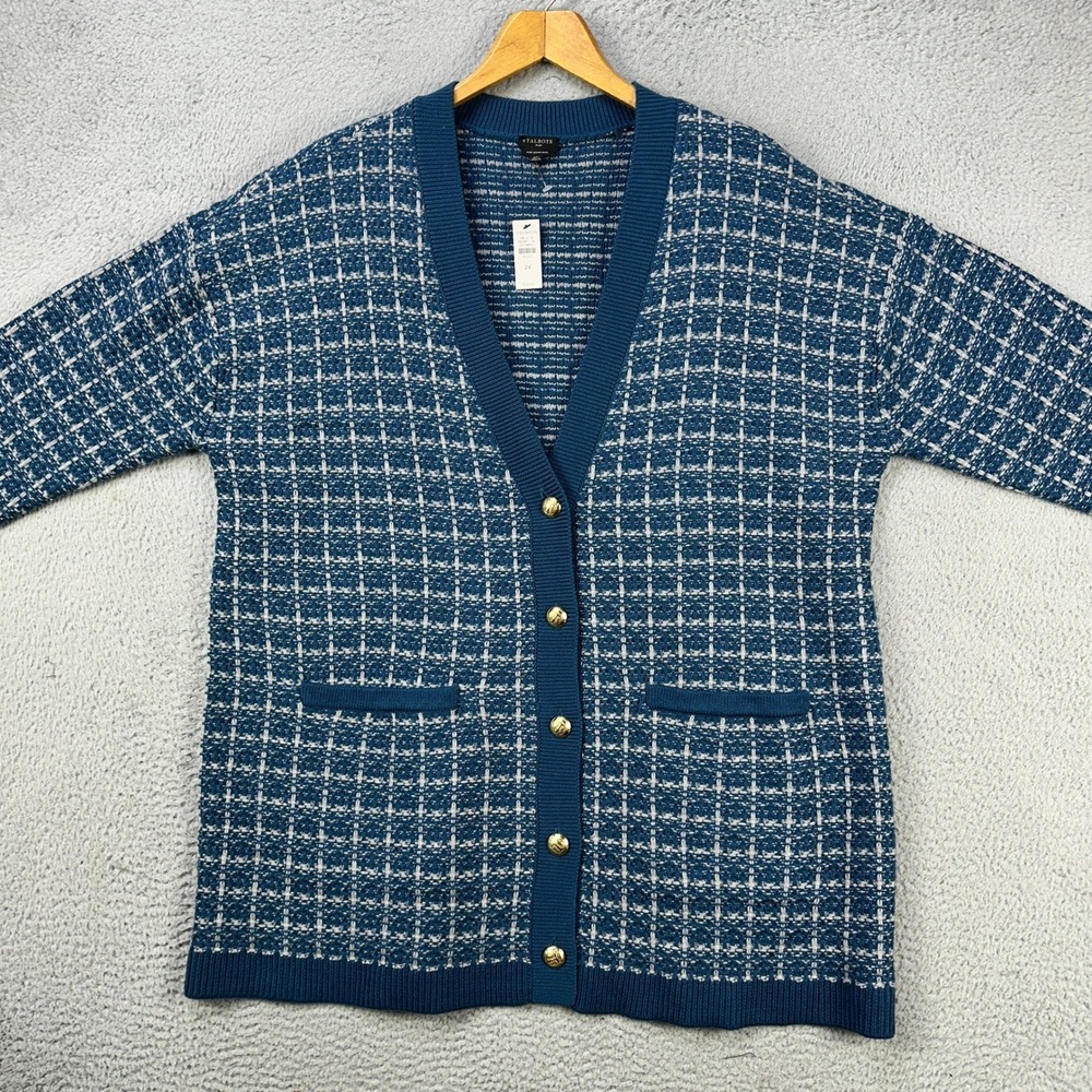 Talbots Womens 2X Plus Size‎ Blue White 100% Merino Wool Knit Cardigan Sweater